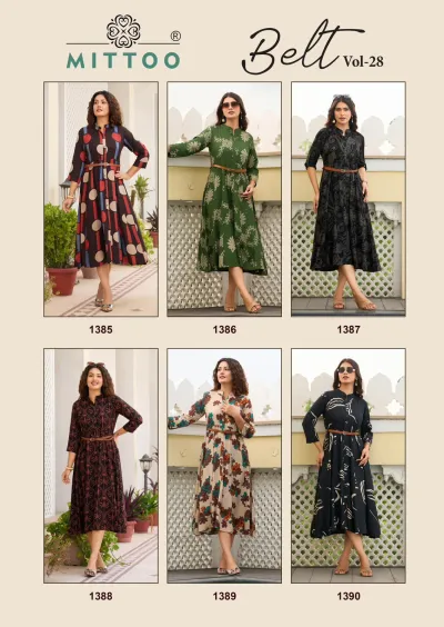 Mittoo Belt Vol 28, catalog collage showing six different printed kurti designs, each styled with a brown belt.
