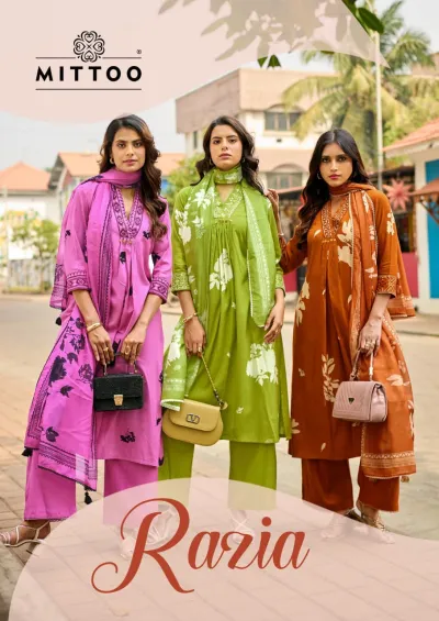 Mittoo Razia catalog cover featuring models in various printed salwar suits with dupatta and palazzo pants.