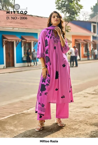 Mittoo Razia D. NO - 2006, magenta printed salwar suit featuring black floral patterns and matching dupatta.