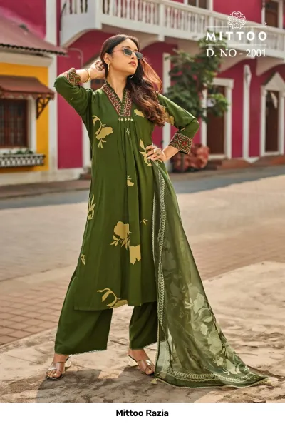 Mittoo Razia D. NO - 2001, olive green printed salwar suit with thread work on neck and matching dupatta.