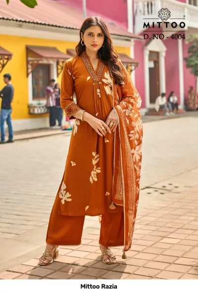 Mittoo Razia D. NO - 4004, brown printed salwar suit with palazzo pants, featuring floral patterns and thread work on neckline.