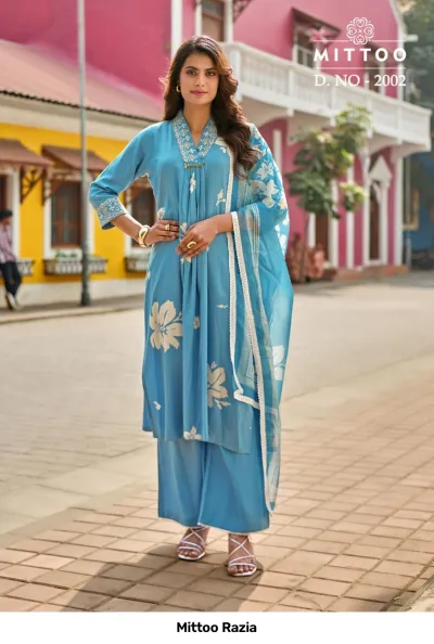 Mittoo Razia D. NO - 2002, sky blue printed salwar suit with white floral patterns and matching dupatta.