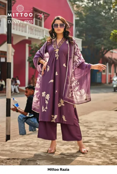 Mittoo Razia D. NO - 4003, purple printed salwar suit with white floral details and matching dupatta.