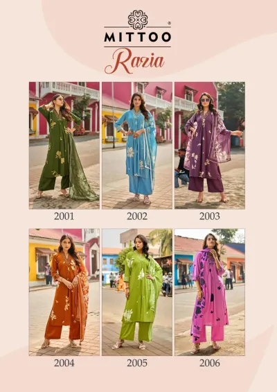 Mittoo Razia catalog collage showcasing six different color variations of the printed salwar suit designs.