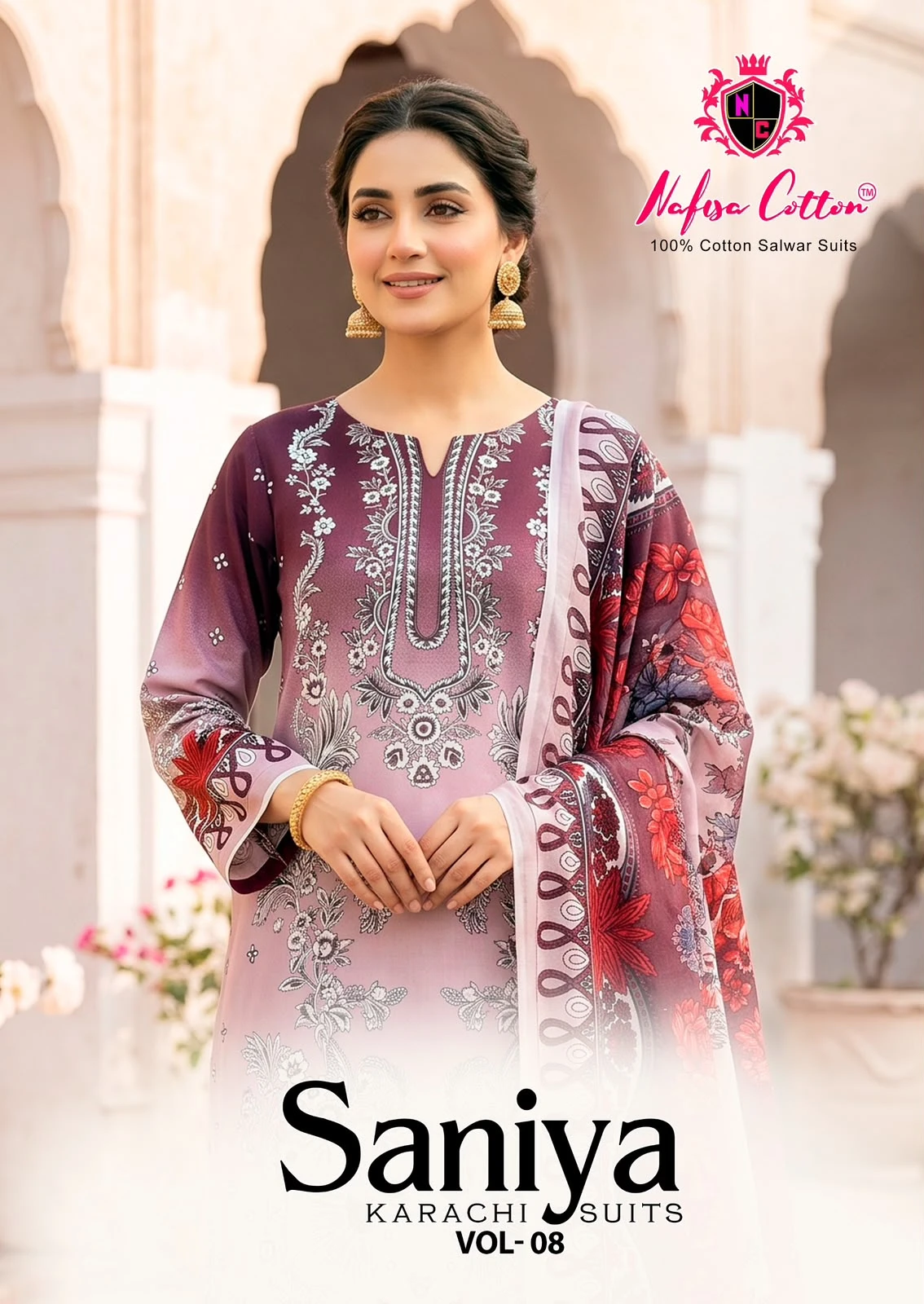 Nafisa Saniya Vol 8 design 1 of 12 — Indo Cotton Karachi Cotton Dress Material with print by Nafisa, wholesale Surat