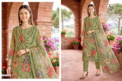Noor Alok Mahel Edition 5: Model in an olive green floral printed salwar suit with dupatta.