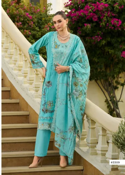 Pakiza Falak Vol 33: Turquoise cotton salwar suit with digital floral print, Kashmiri thread embroidery on neck and hem, and coordinated printed dupatta.