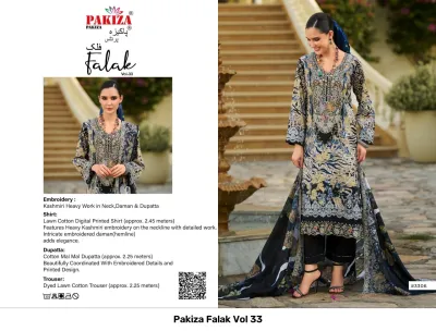 Pakiza Falak Vol 33: Black cotton salwar suit with digital floral print, Kashmiri thread embroidery on neck and hem, and matching printed dupatta.