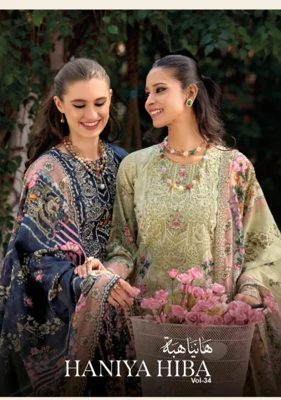 Pakiza Hania Hiba Vol 34 catalog cover featuring models in printed and embroidered salwar suits with dupattas.