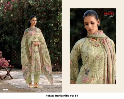 Pakiza Hania Hiba Vol 34 sage green printed salwar suit featuring floral motifs and delicate thread work embroidery.