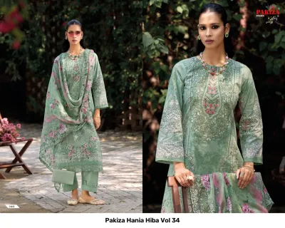 Pakiza Hania Hiba Vol 34 seafoam green printed salwar suit with floral accents and detailed thread work embroidery.