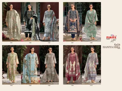 Pakiza Hania Hiba Vol 34 catalog collage displaying multiple printed and embroidered salwar suit designs.