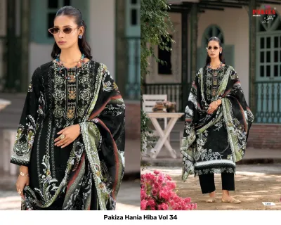 Pakiza Hania Hiba Vol 34 black printed salwar suit with thread work embroidery and matching dupatta.