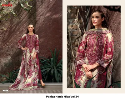 Pakiza Hania Hiba Vol 34 maroon and white printed salwar suit with detailed thread work embroidery and dupatta.