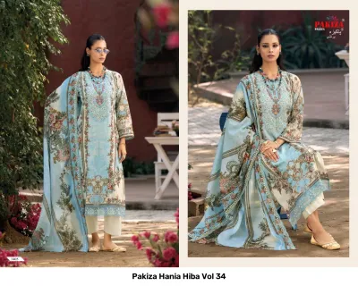 Pakiza Hania Hiba Vol 34 light blue printed salwar suit featuring elaborate thread work embroidery and matching dupatta.