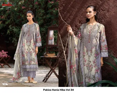 Pakiza Hania Hiba Vol 34 lavender and beige printed salwar suit with floral details and thread work embroidery.