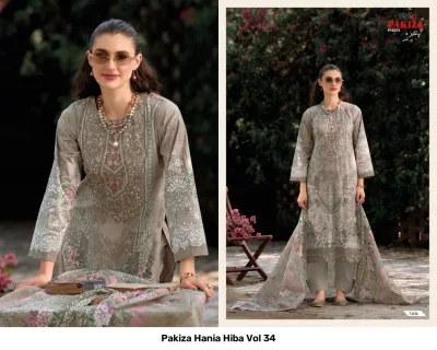 Pakiza Hania Hiba Vol 34 greyish-brown printed salwar suit with subtle thread work embroidery and dupatta.