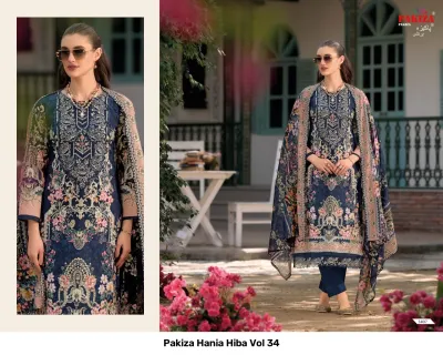 Pakiza Hania Hiba Vol 34 deep blue printed salwar suit featuring intricate thread work embroidery and matching dupatta.