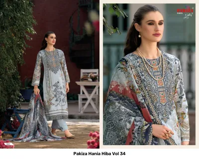 Pakiza Hania Hiba Vol 34 light blue printed salwar suit with floral patterns and detailed thread work embroidery.