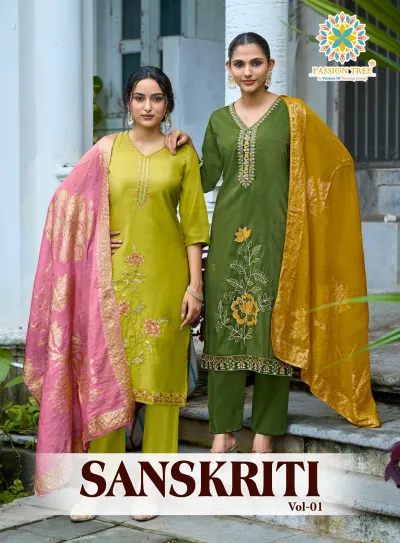 Passion Tree Sanskriti Vol 1: Catalog cover showing various designs of embroidered salwar suits with matching dupattas.