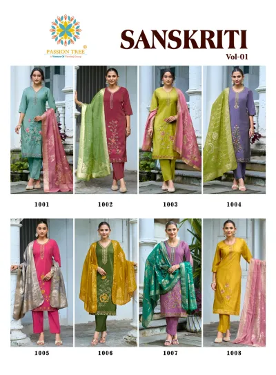Passion Tree Sanskriti Vol 1: Collage displaying eight models wearing different colored embroidered salwar suits from the collection.