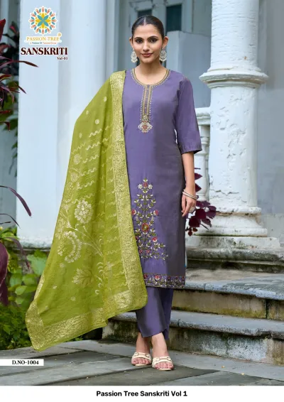 Passion Tree Sanskriti Vol 1: Purple salwar suit with floral thread work, matching pants, and a contrasting light green zari work dupatta.