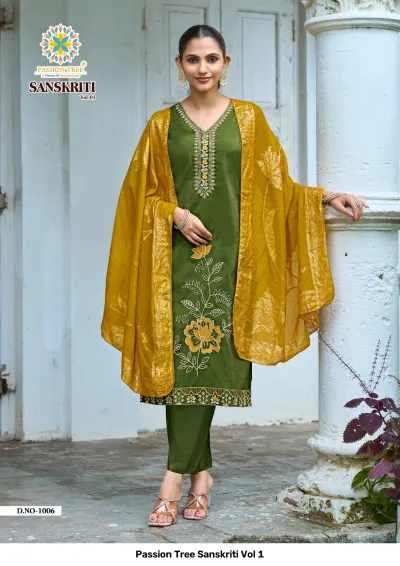 Passion Tree Sanskriti Vol 1: Olive green salwar suit with floral thread work, plain pants, and a mustard yellow zari work dupatta.