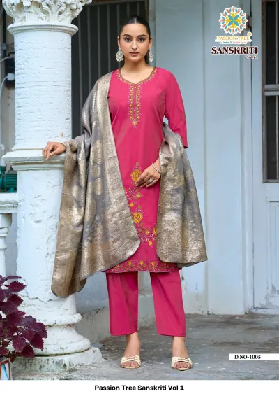 Passion Tree Sanskriti Vol 1: Fuchsia pink salwar suit with floral thread work, plain pants, and a grey zari work dupatta.