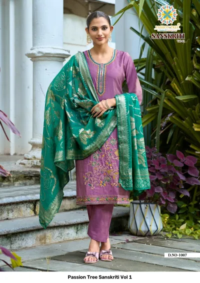 Passion Tree Sanskriti Vol 1: Mauve salwar suit with floral thread work, plain pants, and a green zari work dupatta with gold detailing.