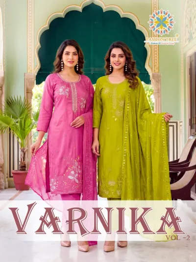 Passion Tree Varnika Vol 2, catalog cover displaying multiple salwar suits with printed and embroidered designs.