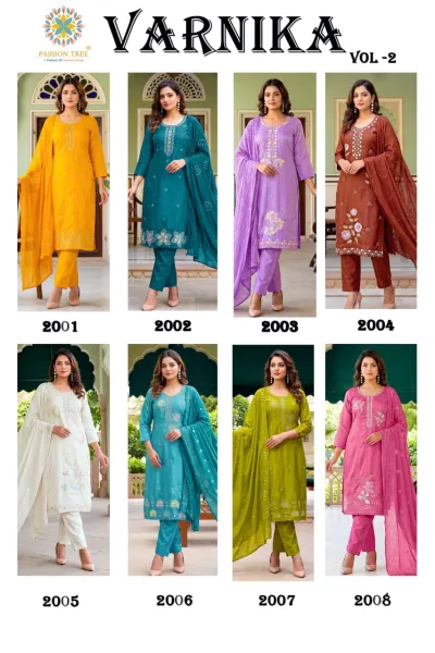 Passion Tree Varnika Vol 2, catalog collage showing various colored salwar suits with matching dupattas and embroidery.