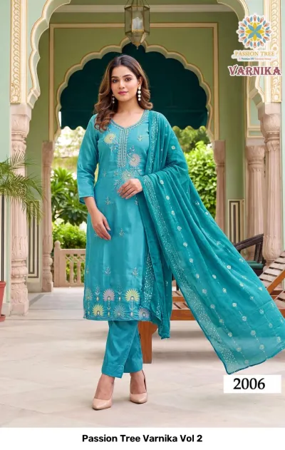 Passion Tree Varnika Vol 2, teal salwar suit with floral embroidery and embellished dupatta.