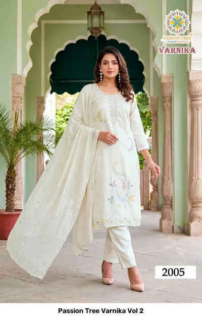 Passion Tree Varnika Vol 2, white salwar suit with paisley-style thread work embroidery and matching dupatta.