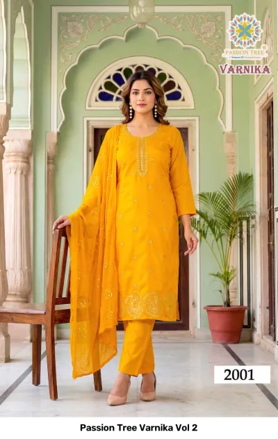 Passion Tree Varnika Vol 2, yellow salwar suit with embroidered neckline and matching dupatta.