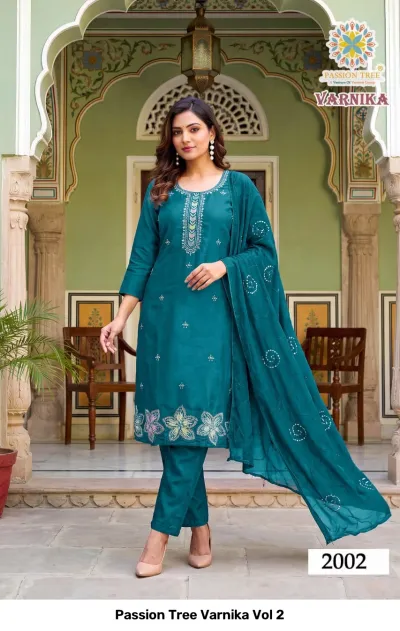Passion Tree Varnika Vol 2, teal salwar suit featuring floral thread work at the hem and matching dupatta.