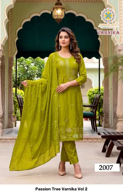 Passion Tree Varnika Vol 2, olive green salwar suit with intricate thread work embroidery and matching dupatta.