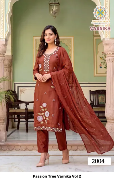 Passion Tree Varnika Vol 2, brown salwar suit with floral thread work and embellished dupatta.