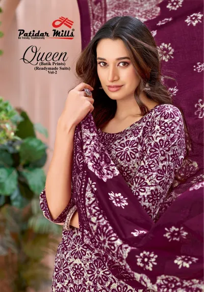 Patidar Queen Vol 2, purple readymade suit with white floral batik print.
