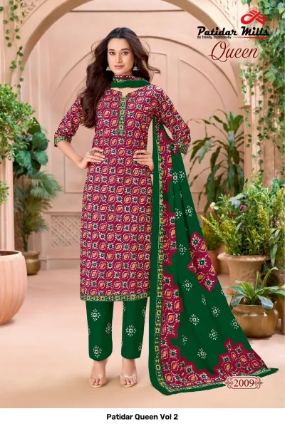 Patidar Queen Vol 2, maroon salwar suit with geometric batik pattern and green accents.