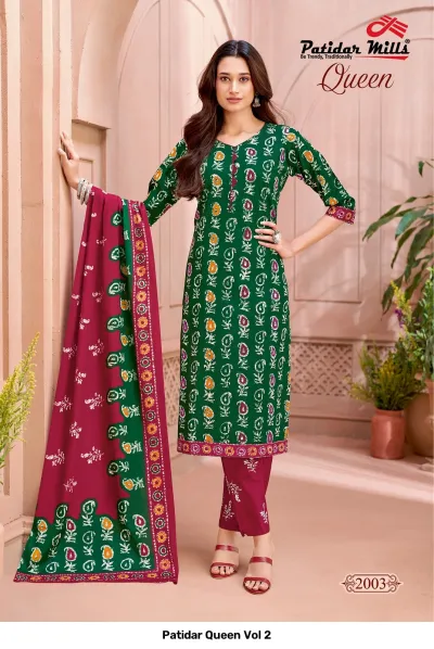 Patidar Queen Vol 2, green salwar suit featuring batik print and floral patterns with red accents.