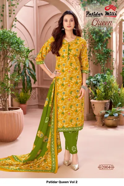 Patidar Queen Vol 2, yellow and green salwar suit with traditional batik print and floral patterns.