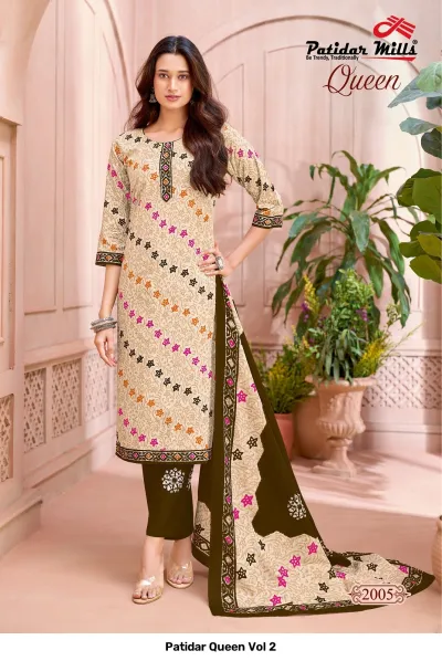 Patidar Queen Vol 2, beige salwar suit with geometric star batik print and dark brown pants.
