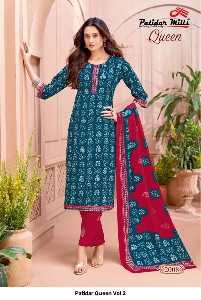 Patidar Queen Vol 2, teal blue salwar suit with white batik print and red contrast accents.