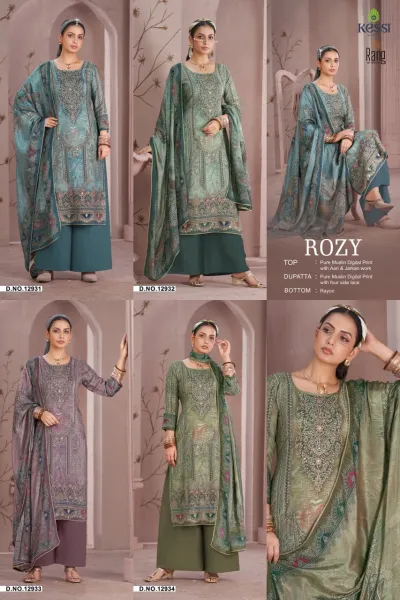 Pure Muslin Aari & Zarkan Work Suits: Catalog collage featuring teal-toned salwar suits with digital prints, Aari embroidery, and Zarkan stone embellishments.