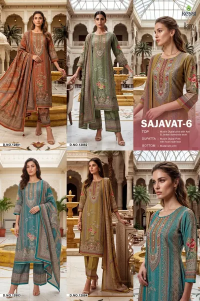 Pure Muslin Aari & Zarkan Work Suits: Catalog collage showcasing ethnic salwar suits with digital prints, Aari embroidery, and Zarkan stone accents.