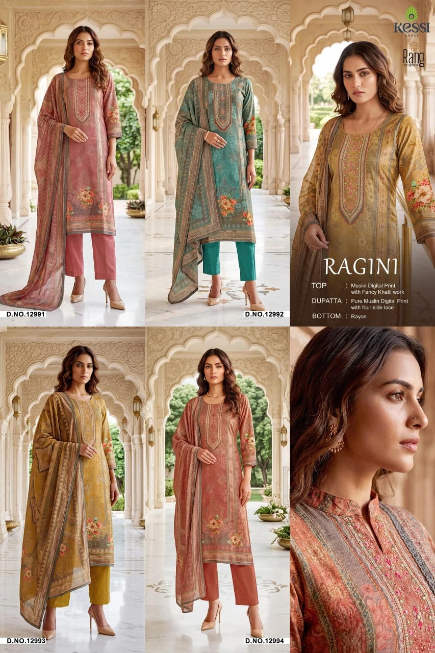 Pure Muslin Khatli Work Suits: Catalog cover featuring multiple digitally printed salwar suits in various colors with embroidery work.