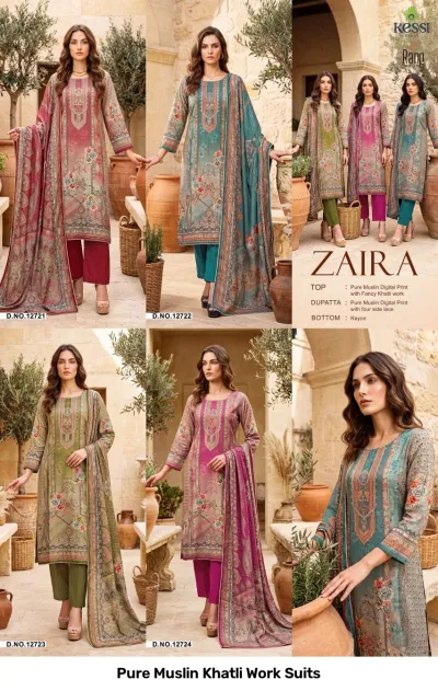 Pure Muslin Khatli Work Suits: Catalog cover featuring digitally printed salwar suits with embroidery work in earth and vibrant tones.