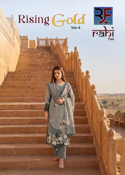 Rahi Fab Rising Gold Vol 4: Grey salwar suit with printed design and base embellishments, accompanied by a matching dupatta.