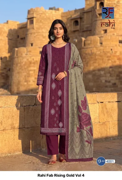 Rahi Fab Rising Gold Vol 4: Purple salwar suit featuring vertical pattern print and a grey floral printed dupatta.