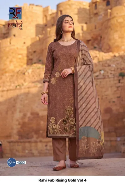 Rahi Fab Rising Gold Vol 4: Brown salwar suit with floral thread work embroidery and a striped printed dupatta.